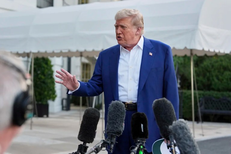 President Donald Trump speaks with reporters before boarding Marine One on the South Lawn of the White House, Tuesday, June 24, 2025, on his way to The Hague, to join world leaders gathering in the Netherlands for a two-day NATO summit.