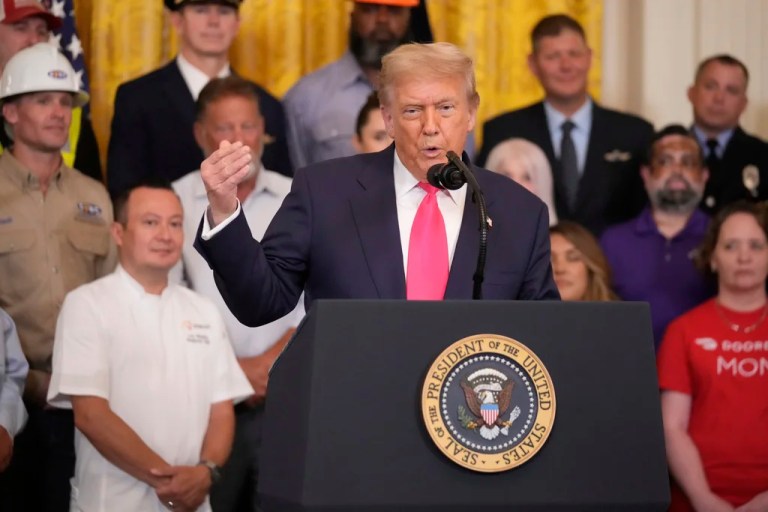 President Donald Trump speaks at an event to promote his domestic policy and budget agenda in the East Room of the White House, Thursday, June 26, 2025, in Washington. (AP Photo/Mark Schiefelbein)