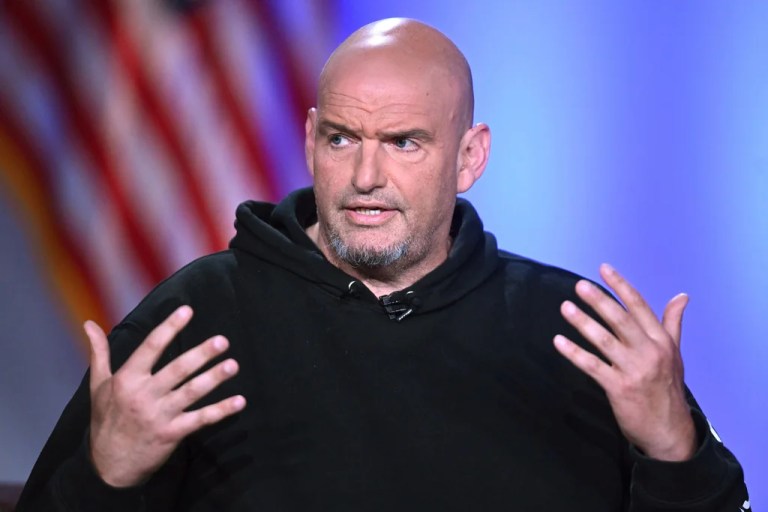 Sen. John Fetterman (D-PA) participates in a debate with Sen. Dave McCormick (R-PA), not shown, at the Edward M. Kennedy Institute for the United States Senate, Monday, June 2, 2025, in Boston, as livestreamed on Fox Nation.