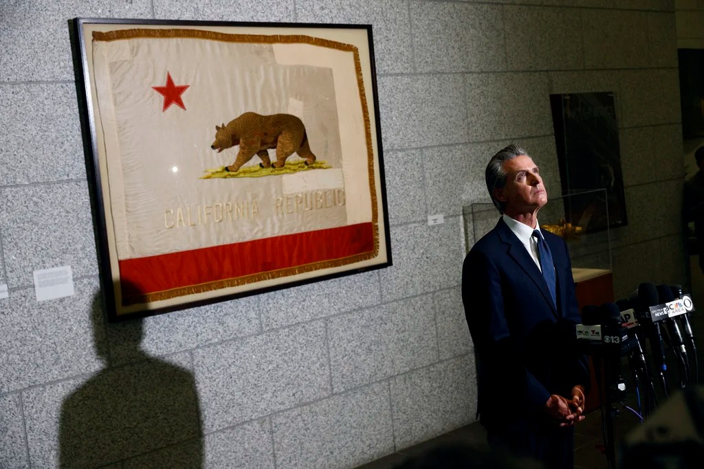 Gov. Gavin Newsom speaks to reporters on Thursday, June 12, 2025, at the California State Supreme Court building in San Francisco.