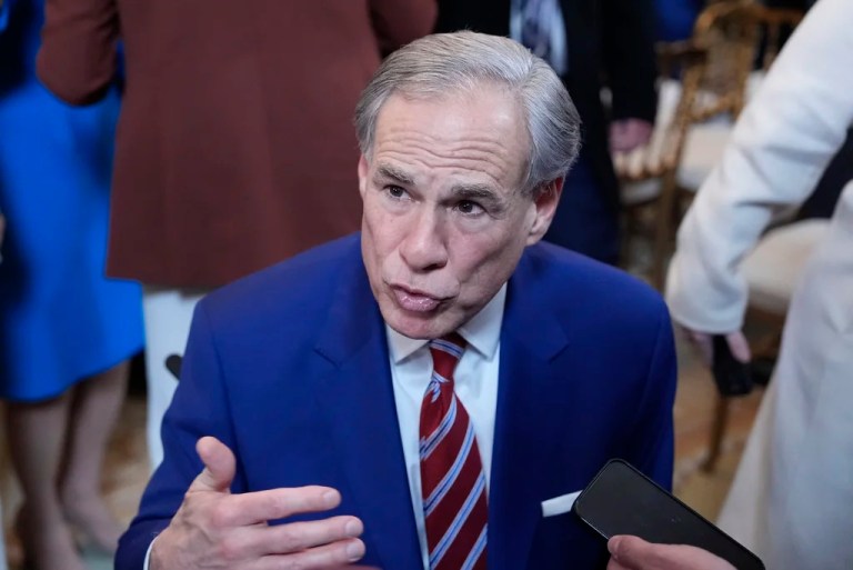 Texas Gov. Greg Abbott talks in the East Room of the White House, Feb. 5, 2025, in Washington.
