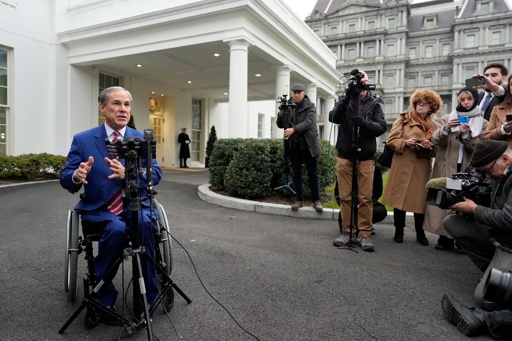 Texas Gov. Greg Abbott speaks to reporters outside the West Wing of the White House, Wednesday, Feb. 5, 2025, in Washington.