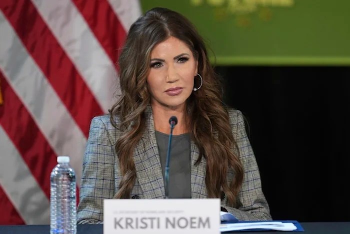 Homeland Security Secretary Kristi Noem listens at a Northern Border Policy Roundtable in Detroit, Friday, June 20, 2025. (AP Photo/Paul Sancya)