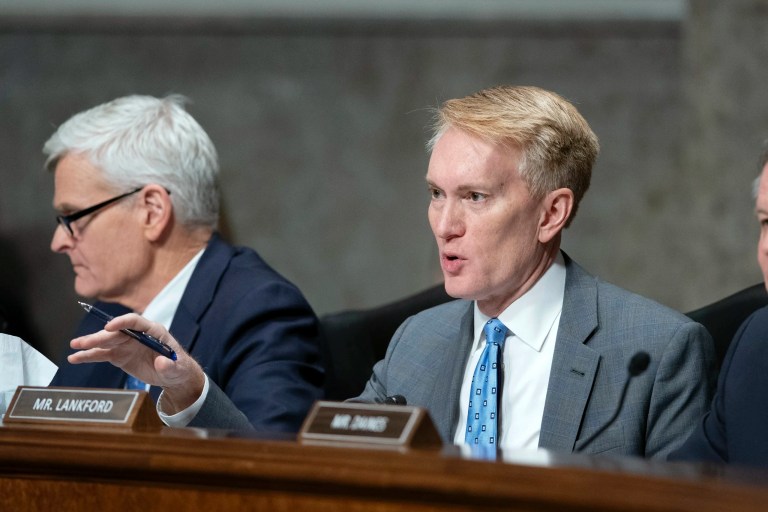 Sen. James Lankford, R-Okla., questions Robert F. Kennedy Jr., President Donald Trump's choice to be the Secretary of Health and Human Services, as he testifies before the Senate Finance Committee during his confirmation hearing, at the Capitol in Washington, Wednesday, Jan. 29, 2025. (AP Photo/Jose Luis Magana)