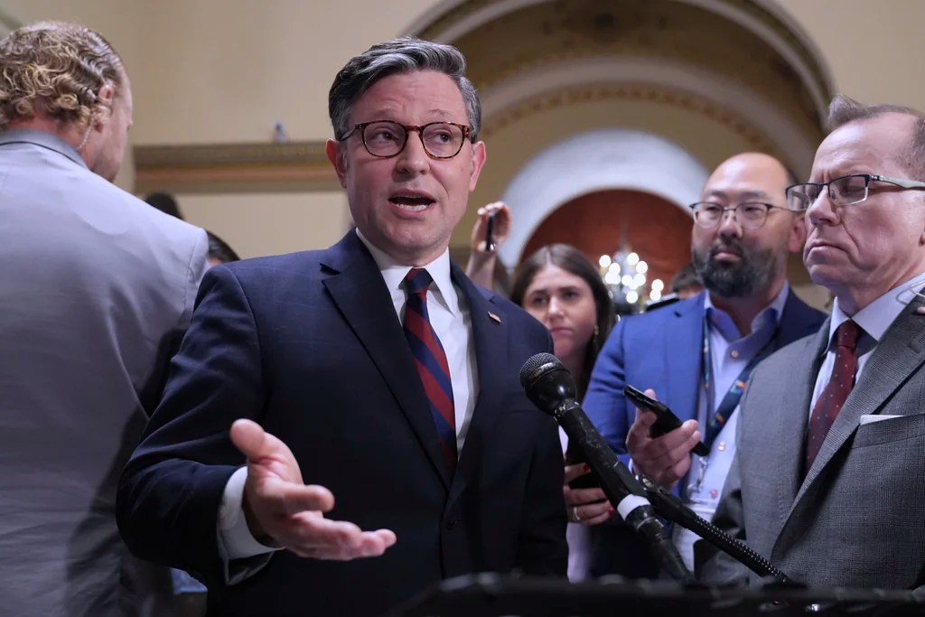 Speaker of the House Mike Johnson, R-La., reacts to reporters after Sen. Alex Padilla, D-Calif., was forcefully removed from Homeland Security Secretary Kristi Noem's news conference in Los Angeles and handcuffed by officers as he tried to speak up about immigration raids that have led to protests in California and elsewhere, at the Capitol in Washington, Thursday, June 12, 2025. 