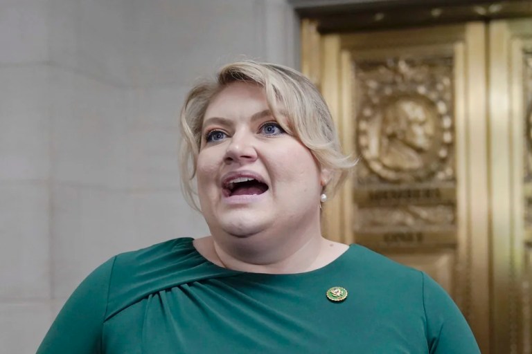 Rep. Kat Cammack, R-Fla., talks with reporters as Republicans hold a caucus meeting at the Capitol in Washington, Friday, Oct. 13, 2023.
