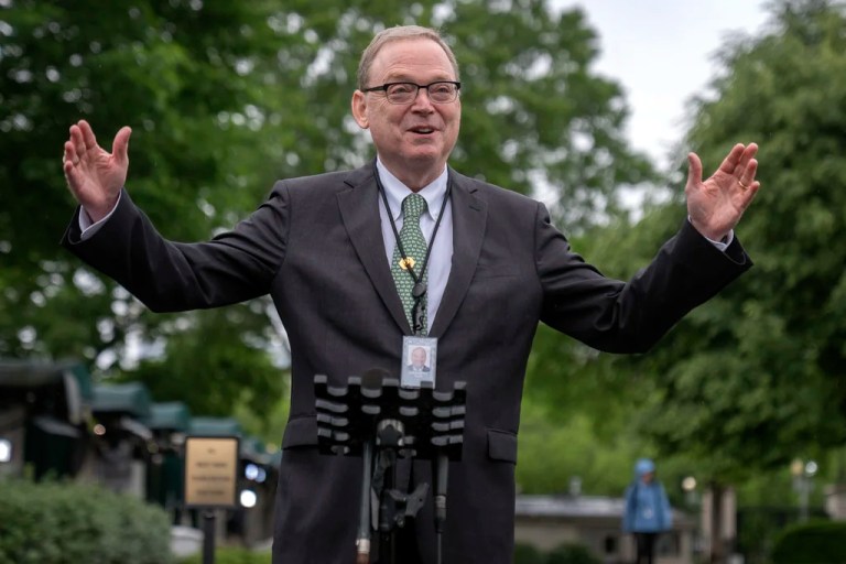 White House economic adviser Kevin Hassett speaks with reporters outside the White House, Friday, May 9, 2025, in Washington.