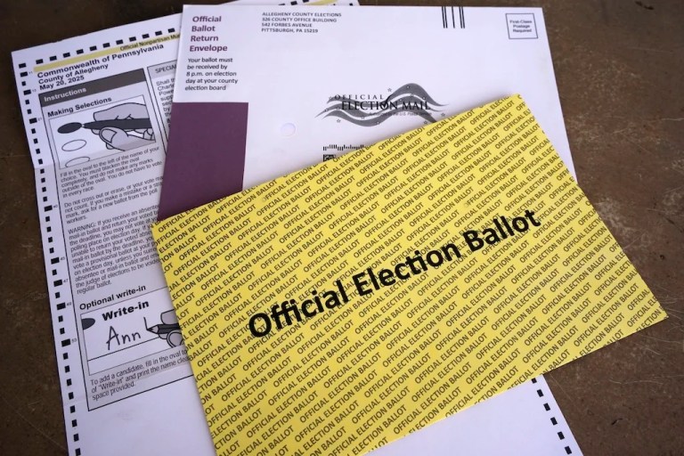 This is a mail in ballot for the upcoming election in Pittsburgh, Friday, May 2, 2025. (AP Photo/Gene J. Puskar)