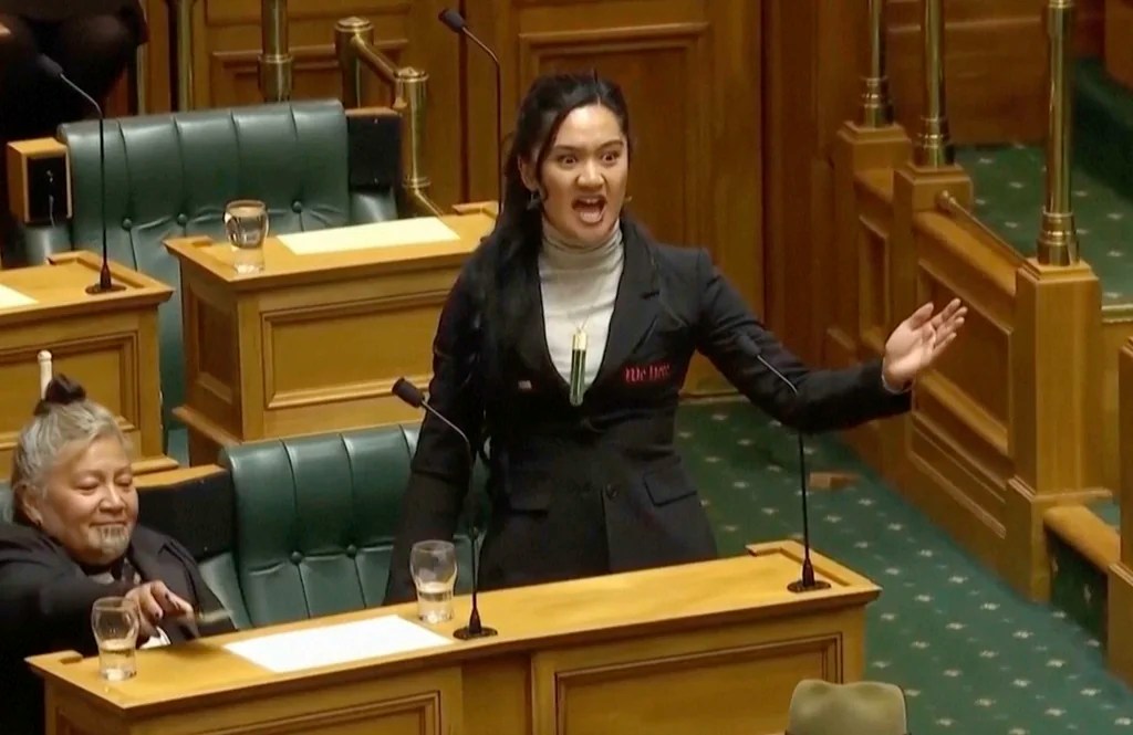 This image from May 15, 2025 video shows New Zealand lawmaker Hana-Rāwhiti Maipi-Clarke performing a Māori haka to protest a proposed law in Parliament, in Wellington, New Zealand