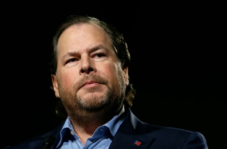 In this photo taken Tuesday, Oct. 30, 2018, Salesforce CEO Marc Benioff speaks at a luncheon in San Francisco.