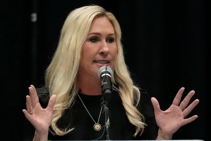 Rep. Marjorie Taylor Greene, R-Ga., speaks during a town-hall style meeting, Tuesday, April 15, 2025, in Acworth, Ga. (AP Photo/Mike Stewart)