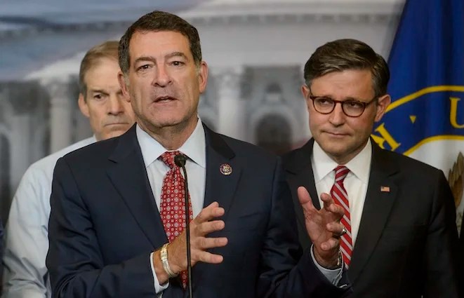 Rep. Mark Green, R-Tenn., center, is joined by from left: Rep. Jason Smith, R-Mo., Rep. Jim Jordan, R-Ohio, and Speaker of the House Mike Johnson, R-La., right, during a news conference at the Capitol, Tuesday, May 20, 2025, in Washington. (AP Photo/Rod Lamkey, Jr.)
