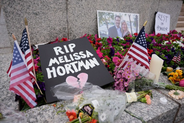 A makeshift memorial for Minnesota state Rep. Melissa Hortman (D) and her husband Mark is seen at the state Capitol, Sunday, June 15, 2025, in St. Paul, Minnesota.
