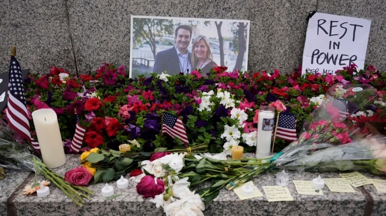A memorial for Minnesota state Rep. Melissa Hortman (D) and her husband Mark is seen at the state Capitol, Sunday, June 15, 2025, in St. Paul, Minnesota.