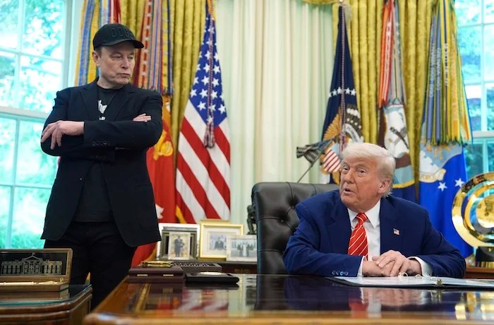 President Donald Trump speaks during a news conference with Elon Musk in the Oval Office of the White House
