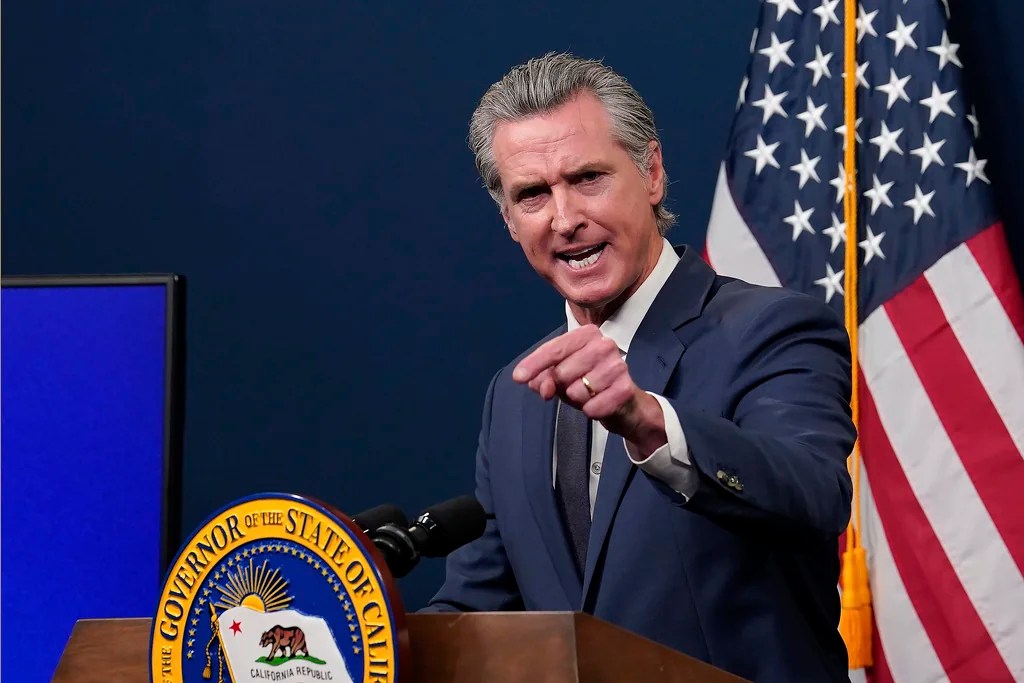 Calif. Gov. Gavin Newsom presents his revised state budget during a news conference in Sacramento, Calif., Wednesday, May 14, 2025.