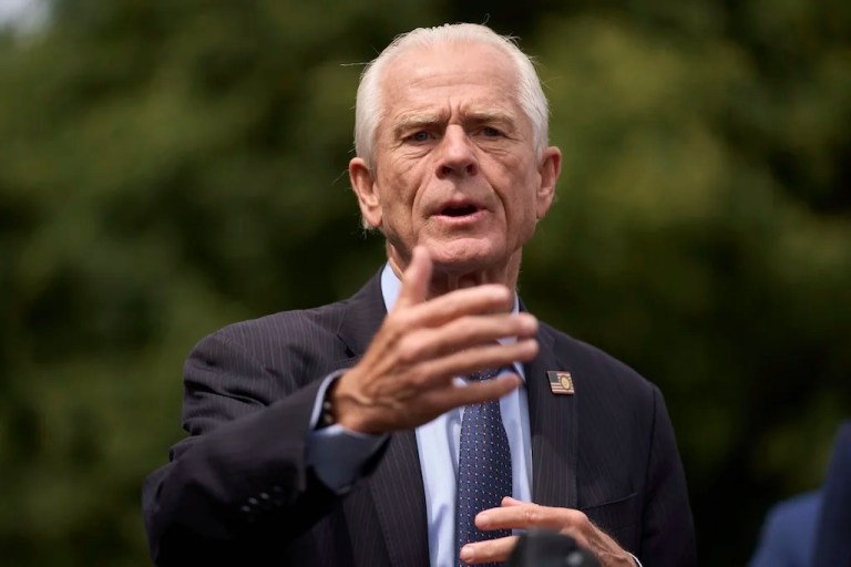 White House trade counselor Peter Navarro speaks with reporters at the White House, Thursday, May 29, 2025, in Washington. (AP Photo/Evan Vucci)