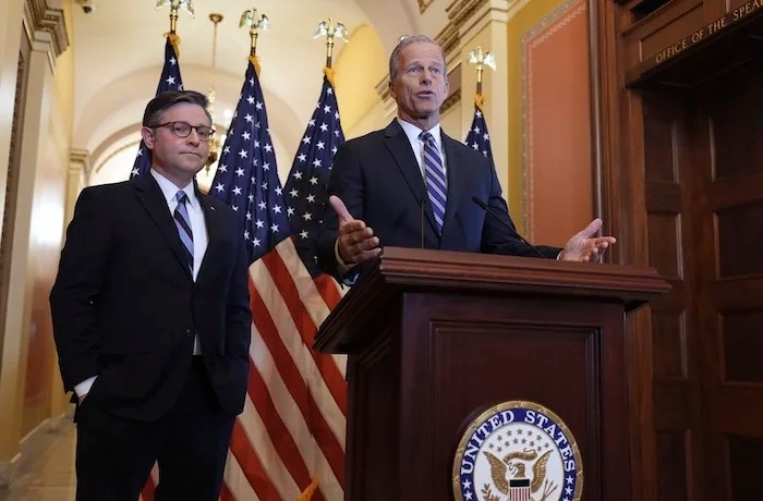 Speaker of the House Mike Johnson, R-La., left, and Senate Majority Leader John Thune, R-S.D., make statements to reporters ahead of vote in the House