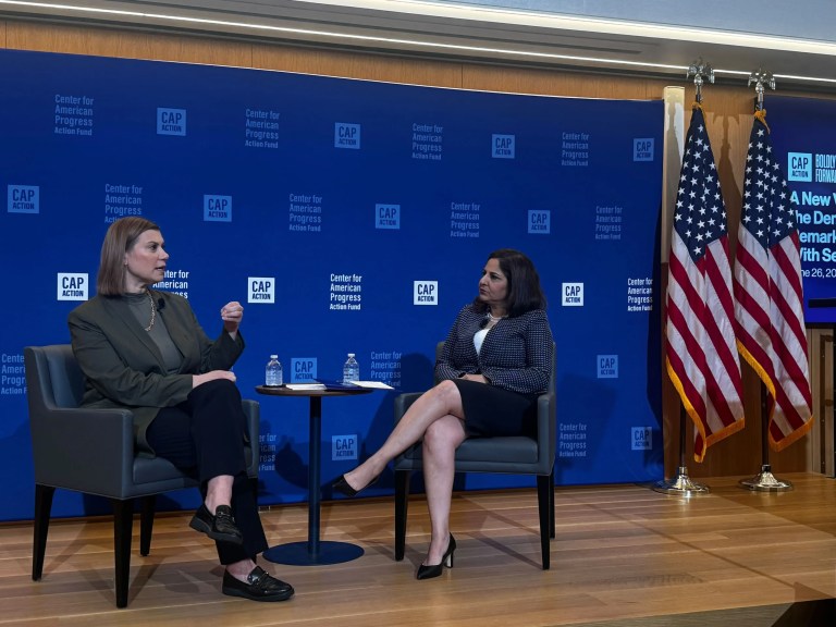 Sen. Elissa Slotkin (D-MI) speaks with Neera Tanden at the Center for American Progress on June 26, 2025. (Ally Goelz/Washington Examiner)
