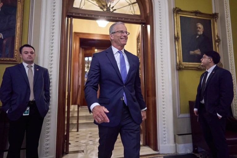 Senate Majority Leader John Thune, R-S.D., leaves the chamber Wednesday afternoon with plans to take up voting on the GOP's sweeping bill by next week despite lack of support from key fiscal hawks, at the Capitol in Washington, Wednesday, June 18, 2025. (AP Photo/J. Scott Applewhite)