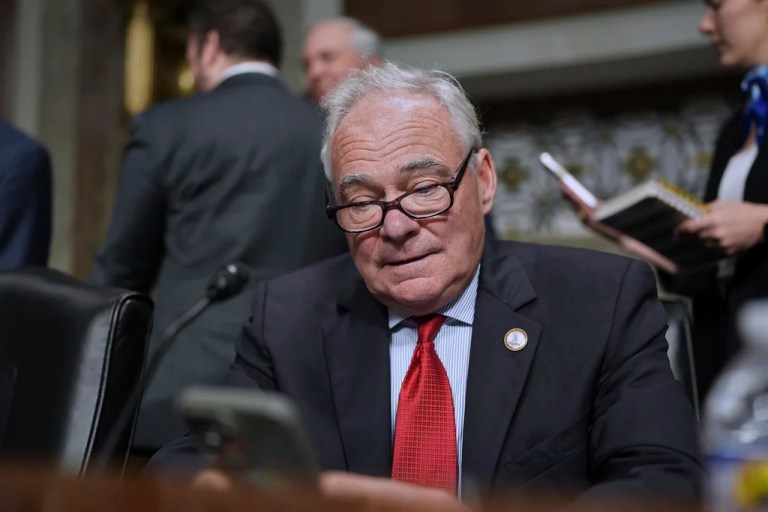 Sen. Tim Kaine, D-Va., arrives for a hearing with Defense Secretary Pete Hegseth on the Pentagon budget and the crisis between Iran and Israel, at the Capitol in Washington, Wednesday, June 18, 2025. Sen. Kaine introduced a resolution Monday seeking to prevent the U.S. from getting involved in a military conflict with Iran without congressional approval.
