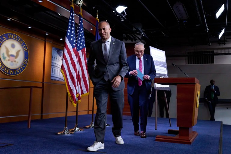 House Minority Leader Hakeem Jeffries (D-NY), left, and Senate Minority Leader Chuck Schumer (D-NY) depart after a news conference on the GOP reconciliation bill, at the Capitol in Washington, Wednesday, June 11, 2025.