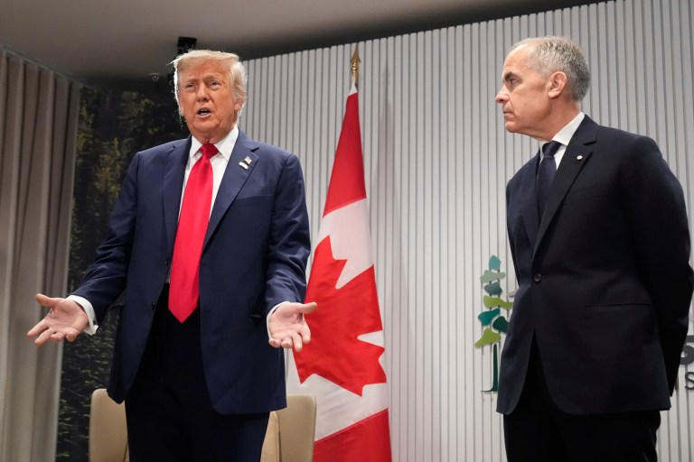 President Donald Trump speaks during a meeting with Canadian Prime Minister Mark Carney on the sidelines of the G7 Summit, Monday, June 16, 2025, in Kananaskis, Canada.