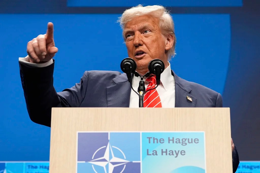 President Donald Trump points as he speaks during a media conference at the end of the NATO summit in The Hague, Netherlands, Wednesday, June 25, 2025.