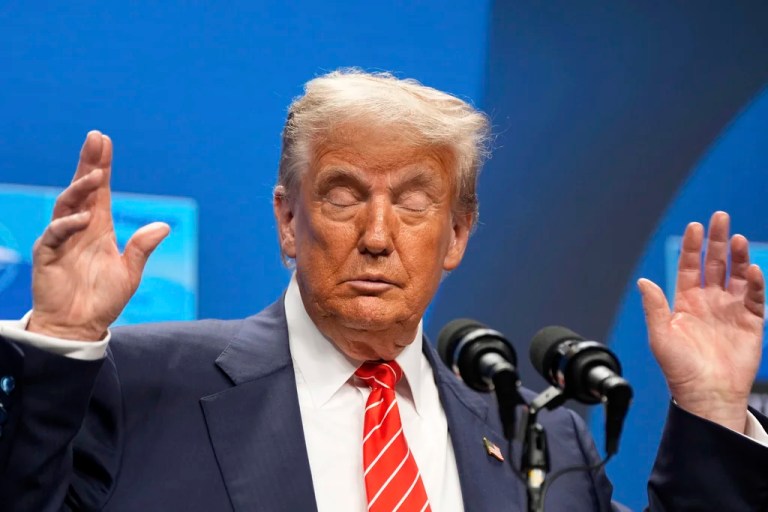 President Donald Trump reacts during a media conference at the end of the NATO summit in The Hague, Netherlands, Wednesday, June 25, 2025.