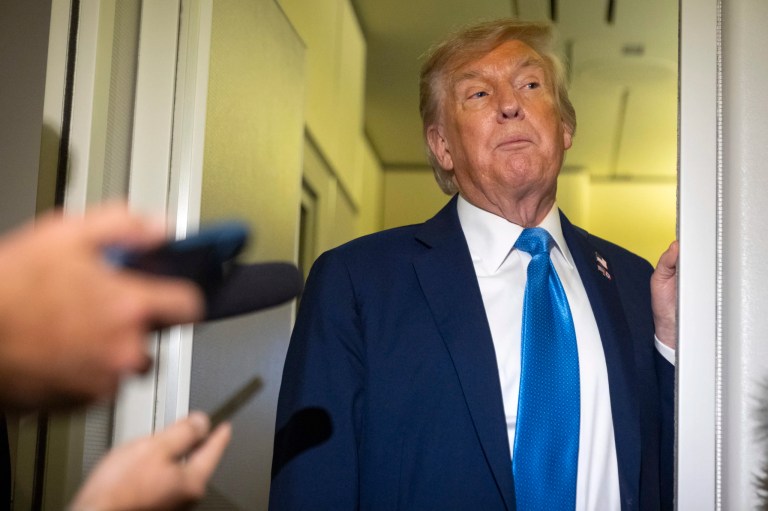 President Donald Trump speaks with reporters while flying aboard Air Force One en route from Calgary, Canada to Joint Base Andrews, Md., late Monday, June 16, 2025. (AP Photo/Mark Schiefelbein)