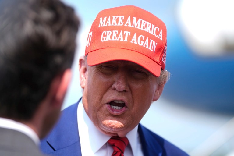President Donald Trump speaks with reporters upon arriving at Morristown Municipal Airport in Morristown, New Jersey, Friday, June 20, 2025.