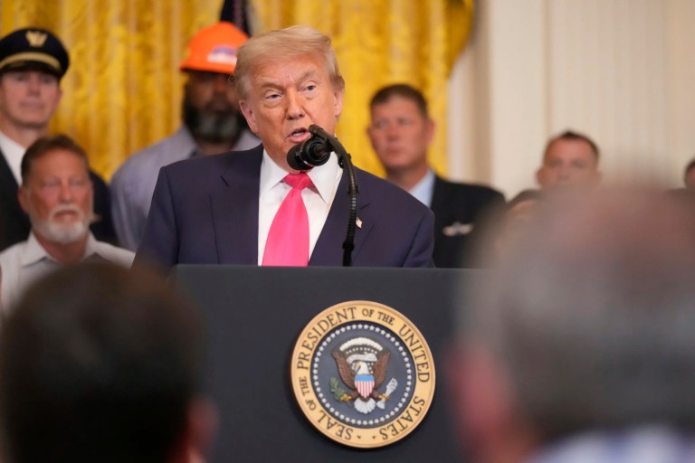 President Donald Trump speaks at an event to promote his domestic policy and budget agenda.