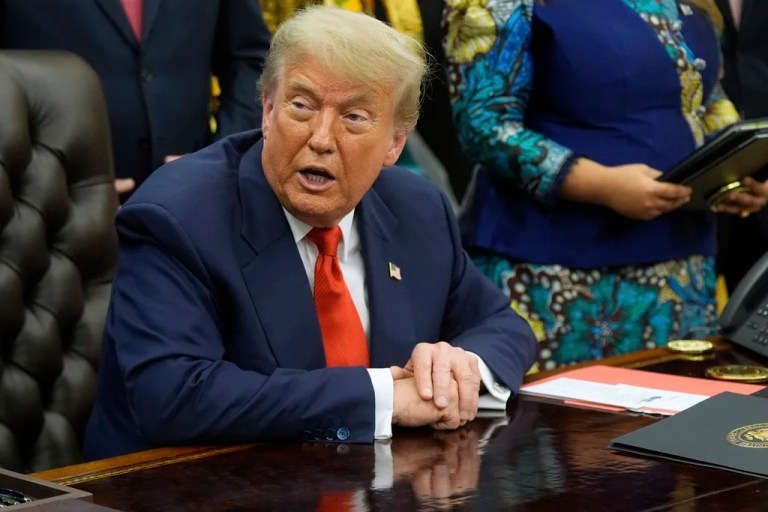 President Donald Trump answers questions from reporters as he meets with Congo's Foreign Minister Therese Kayikwamba Wagner, and Rwanda's Foreign Minister Olivier Nduhungirehe, Friday, June 27, 2025, in the Oval Office at the White House in Washington.