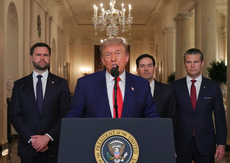 President Donald Trump speaks from the East Room of the White House in Washington, Saturday, June 21, 2025, after the U.S. military struck three Iranian nuclear and military sites, directly joining Israel's effort to decapitate the country's nuclear program, as Vice President JD Vance, Secretary of State Marco Rubio, and Defense Secretary Pete Hegseth listen.