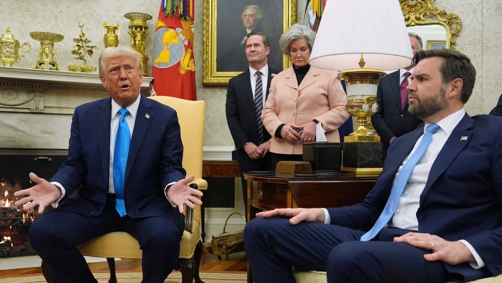 President Donald Trump meets with Israel's Prime Minister Benjamin Netanyahu in the Oval Office of the White House, Tuesday, Feb. 4, 2025, in Washington, As White House national security adviser Mike Waltz, White House chief of staff Susie Wiles and Vice President JD Vance listen.