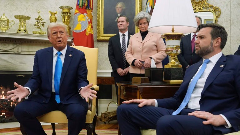 President Donald Trump meets with Israel's Prime Minister Benjamin Netanyahu in the Oval Office of the White House, Tuesday, Feb. 4, 2025, in Washington, As White House national security adviser Mike Waltz, White House chief of staff Susie Wiles and Vice President JD Vance listen.