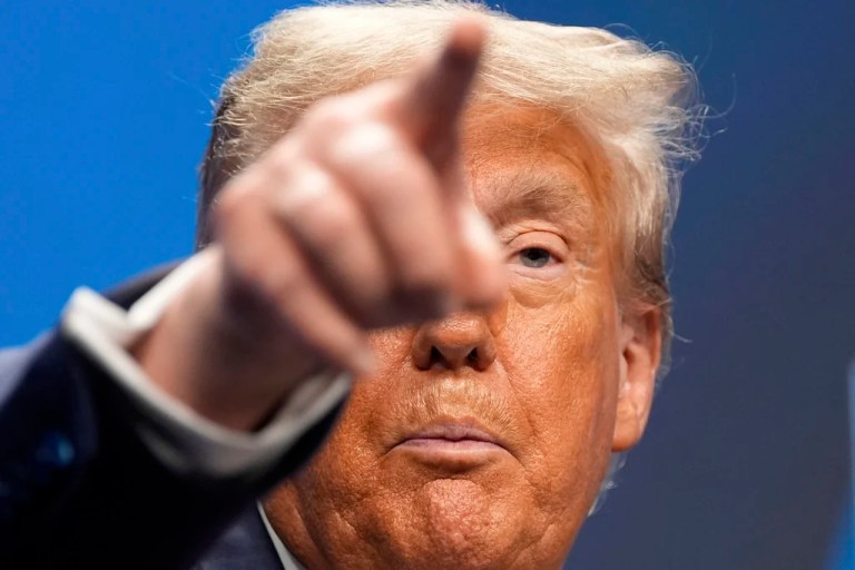 President Donald Trump points as he speaks during a media conference at the end of the North Atlantic Treaty Organization summit in The Hague, Netherlands, Wednesday, June 25, 2025.