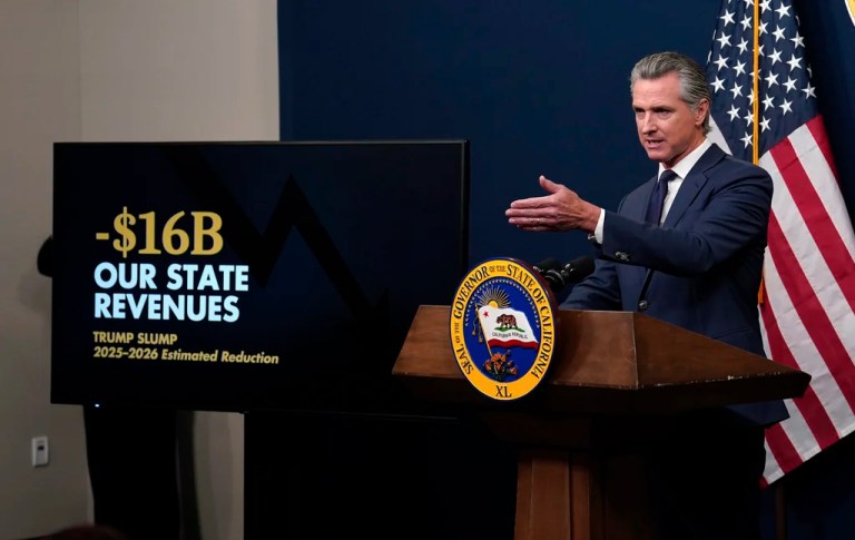 Gov. Gavin Newsom (D-CA) presents his revised 2025-2026 state budget during a news conference in Sacramento, Wednesday, May 14, 2025.