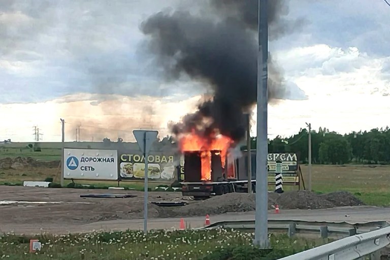 This photo released by Irkutsk regional Gov. Igor Kobzev’s Telegram channel on Sunday, June 1, 2025, shows a burning truck that apparently was used to launch Ukrainian drones.