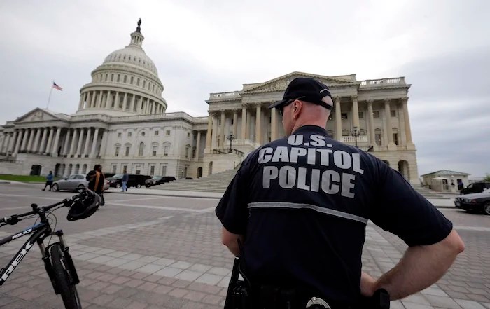 A law enforcement officer stands post at the U.S. Capitol, Monday, April 15, 2013 in Washington.