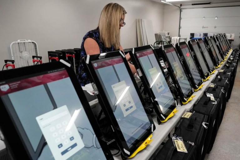 FILE - Voting machines are seen at the Bartow County Election office, Jan. 25, 2024, in Cartersville, Ga. (AP Photo/Mike Stewart, File)
