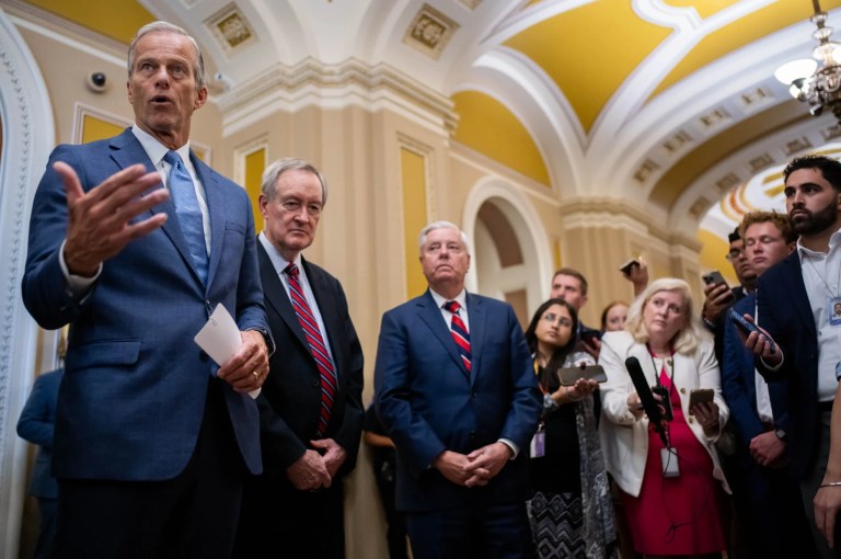 Senate Republican Leadership speak with reporters following Senate passage of Trump's sweeping domestic policy bill on July 1, 2025.