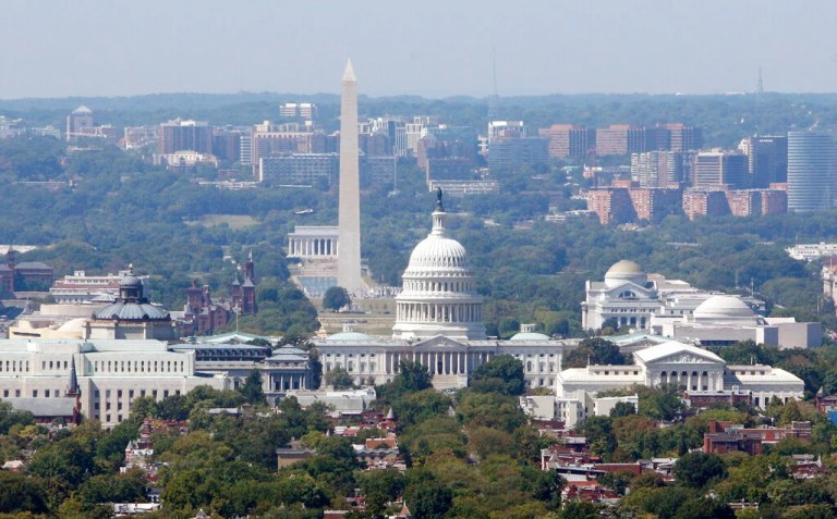 The Capitol, foreground, Washington Monument, center, Lincoln Memorial, rear, and other buildings are seen from this view from a helicopter as President George W. Bush, not pictured, returns to the White House on Wednesday, Sept. 19, 2007, in Washington, following a visit to the National Security Agency in Fort Meade, Maryland.