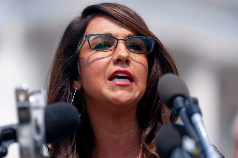 Rep. Lauren Boebert (R-CO) speaks at a news conference held by members of the House Freedom Caucus on Capitol Hill in Washington, Thursday, July 29, 2021, to complain about Speaker of the House Nancy Pelosi (D-CA) and masking policies.