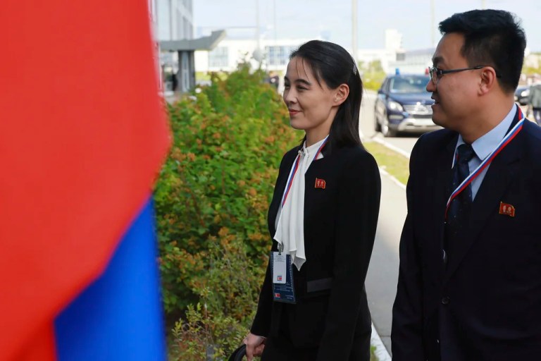 Kim Yo Jong, the younger sister of North Korean leader Kim Jong Un arrives to attend a meeting of Russian President Vladimir Putin and Kim Jong Un at the Vostochny cosmodrome outside the city of Tsiolkovsky, about 200 kilometers (125 miles) from the city of Blagoveshchensk in the far eastern Amur region, Russia, on Wednesday, Sept. 13, 2023.