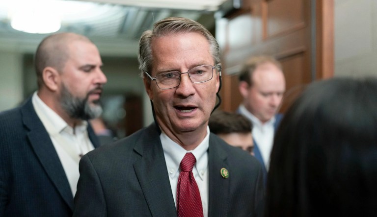 Rep. Tim Burchett, R-Tenn., talks with reporters as he leaves the Republican caucus meeting at the Capitol in Washington, Friday, Oct. 13, 2023.