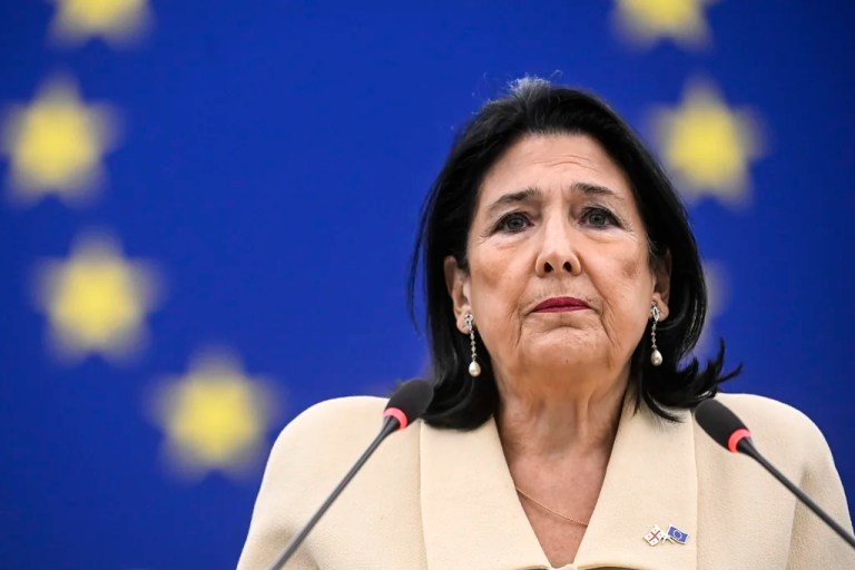 Georgian outgoing President Salome Zourabichvili delivers her speech at the European Parliament and appealed to the European Union to press her country's pro-Russia government to hold a new election amid a police crackdown on peaceful opposition protesters, Wednesday, Dec. 18, 2024 in Strasbourg, eastern France.