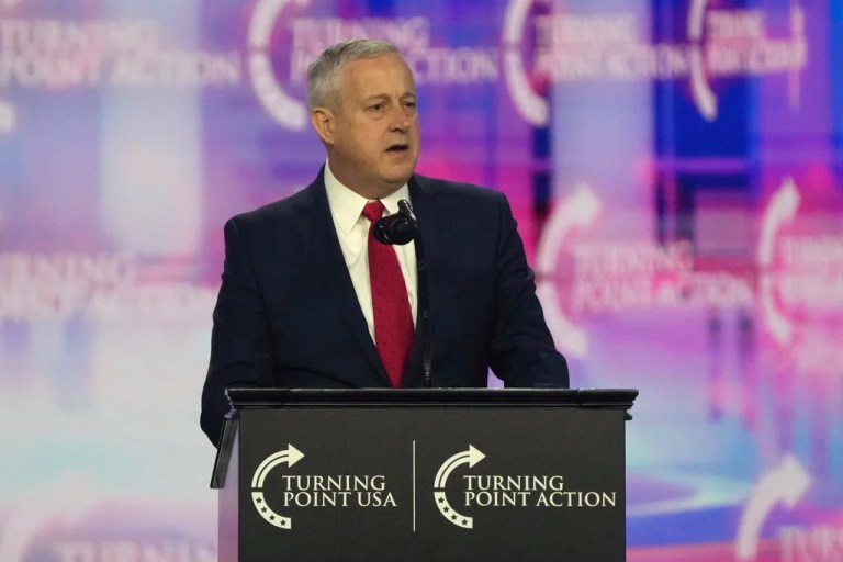 Chairperson of the Republican National Committee Michael Whatley speaks at AmericaFest, Sunday, Dec. 22, 2024, in Phoenix. (AP Photo/Rick Scuteri)