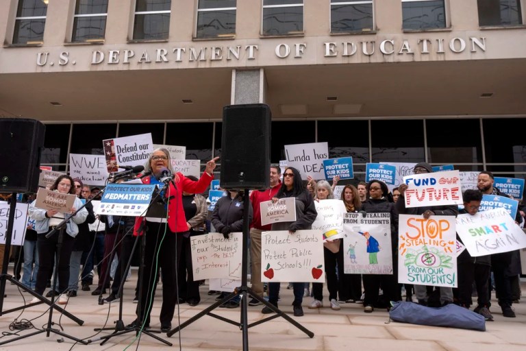Kim Anderson, the executive director of the National Education Association (NEA), speaks during a demonstration at the headquarters of the Department of Education, Friday, March 14, 2025, in Washington.