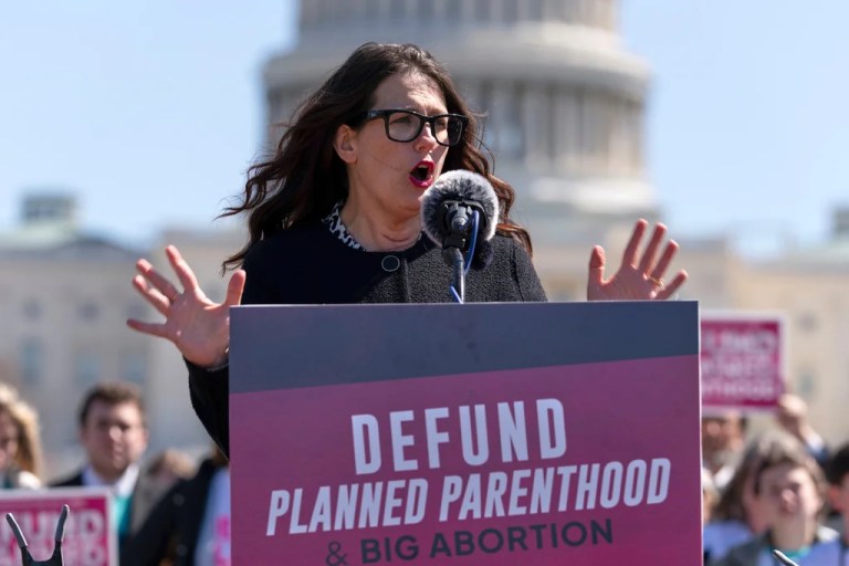 SFLAction President Kristan Hawkins speaks during an anti-abortion rally on Capitol Hill in Washington, Thursday, March 27, 2025.